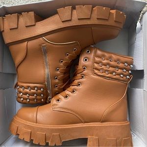 brown chunky platform heel combat boots